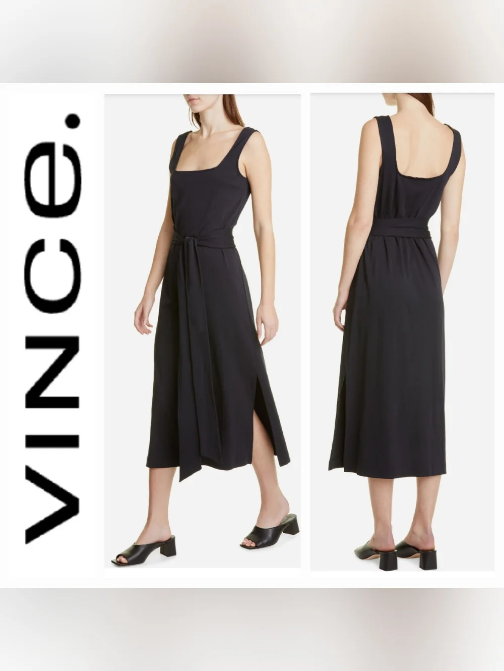 Vince Black Pima Cotton Square Neck Sleeveless Midi Dress Sz XL